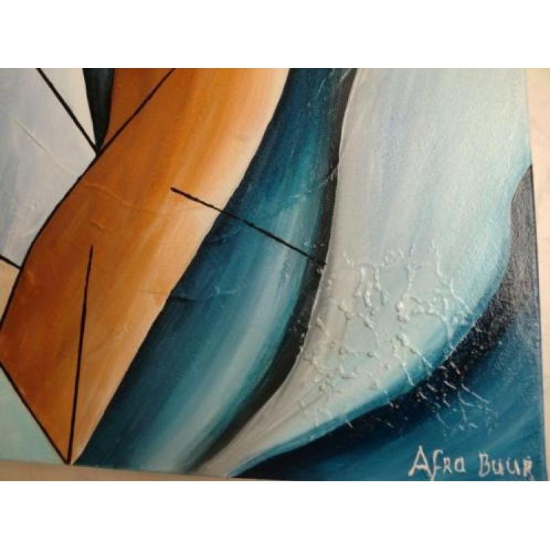 Abstract handgeschilderd 3D schilderij bruin/ blauw/ creme