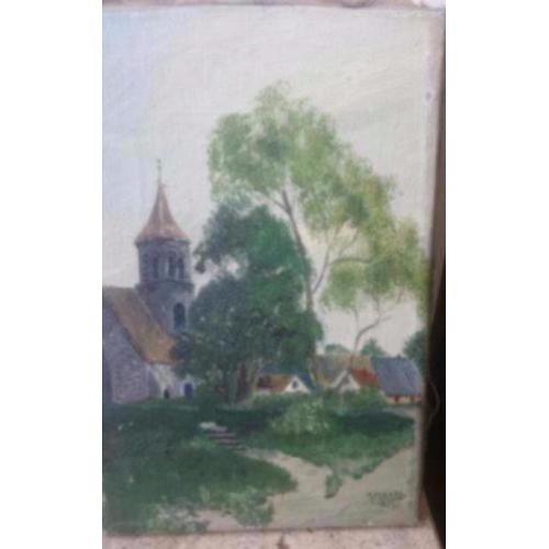 oud schilderij olieverf op doek dorpje gesigneerd v d Plaats
