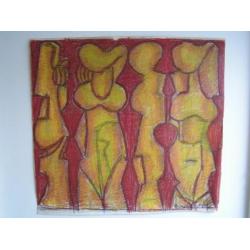 Hubert Bekman De 4 gestalten een "Tekening" in rood en geel