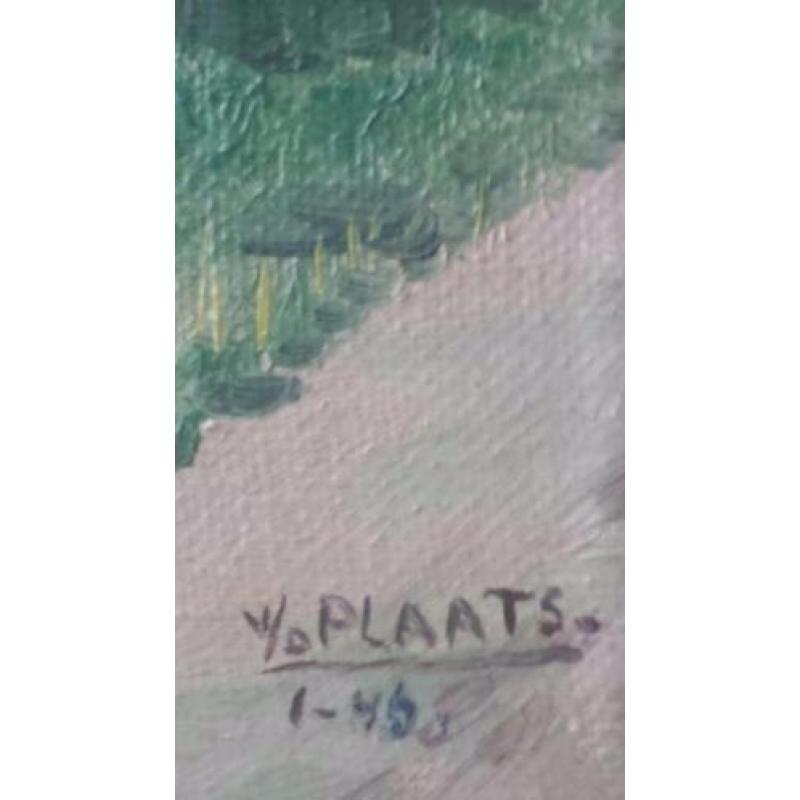 oud schilderij olieverf op doek dorpje gesigneerd v d Plaats
