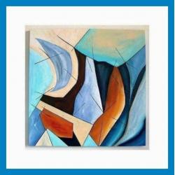 Abstract handgeschilderd 3D schilderij bruin/ blauw/ creme