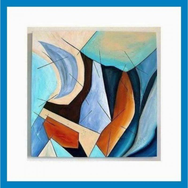 Abstract handgeschilderd 3D schilderij bruin/ blauw/ creme