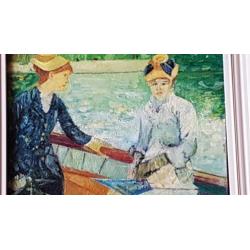 Olieverf schilderij 2 dames in boot gesigneerd v d Berg.