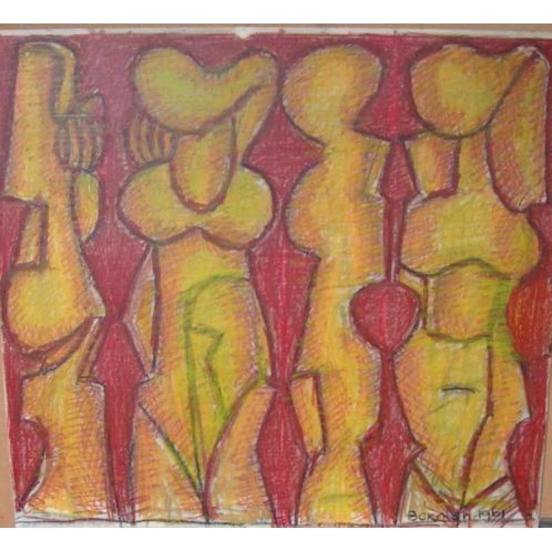 Hubert Bekman De 4 gestalten een "Tekening" in rood en geel