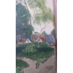 oud schilderij olieverf op doek dorpje gesigneerd v d Plaats