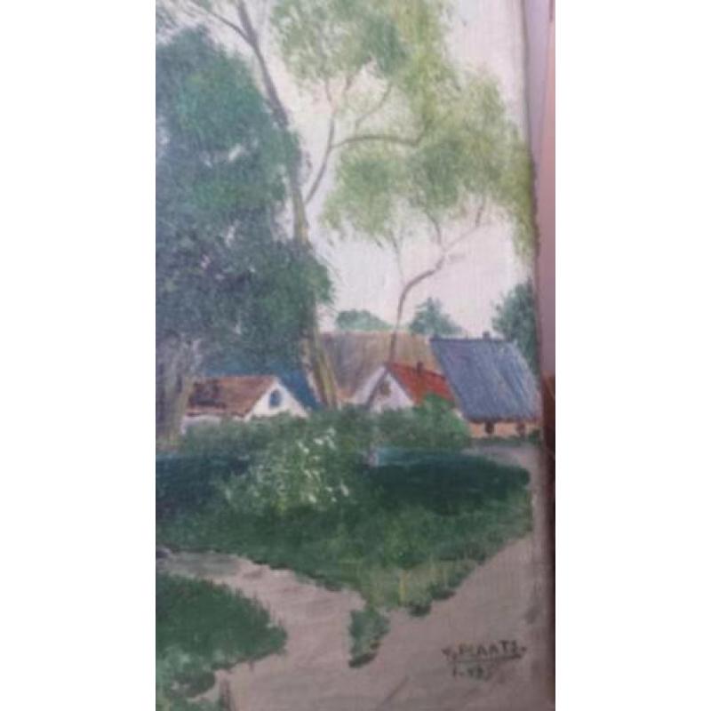oud schilderij olieverf op doek dorpje gesigneerd v d Plaats