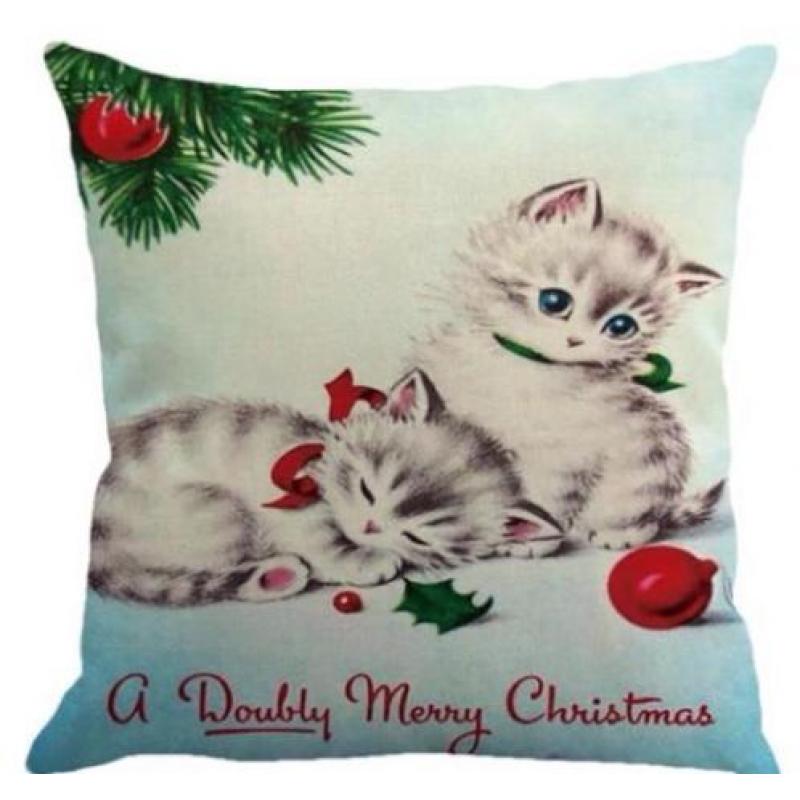 Retro print merry christmas kerst kussenhoes kittens kat